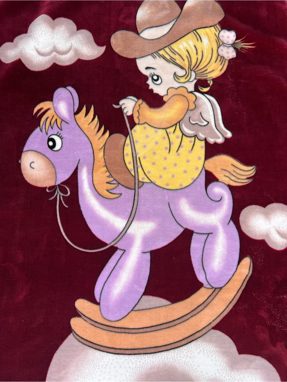 VTG Solaron Western Angel Baby Rocking-Horse Blanket Plush Minky Maroon 56x44”
